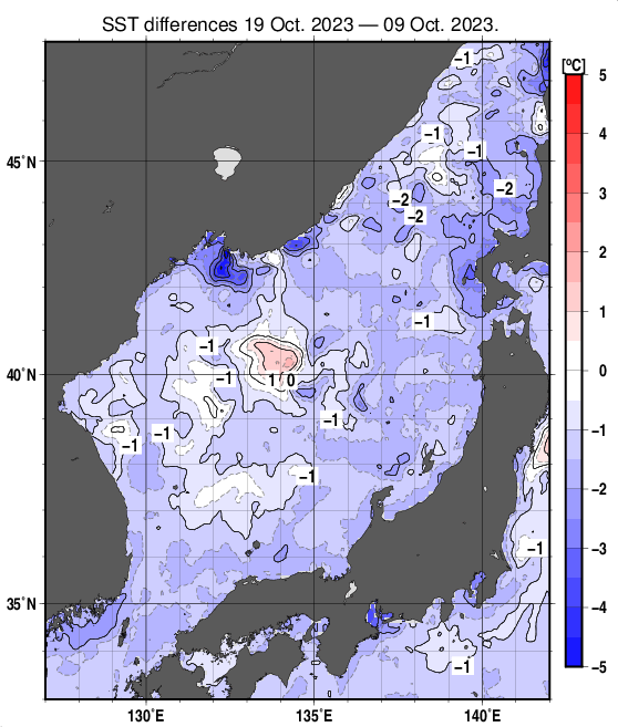 日本海の10日間の海面水温変化量分布図（10月19日）