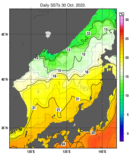 日本海の海面水温分布図（10月30日）