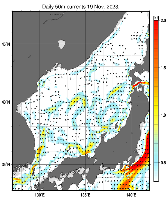 日本海の深さ50mの海流分布図（11月19日）