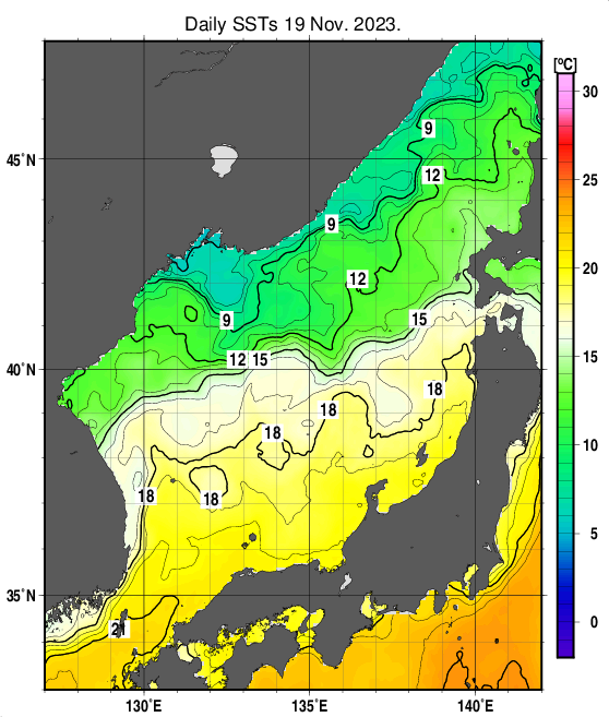 日本海の海面水温分布図（11月19日）