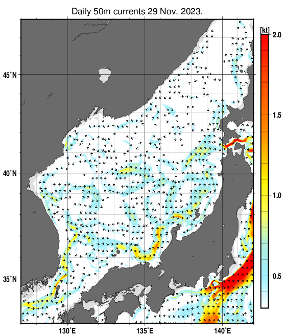 日本海の深さ50mの海流分布図（11月29日）