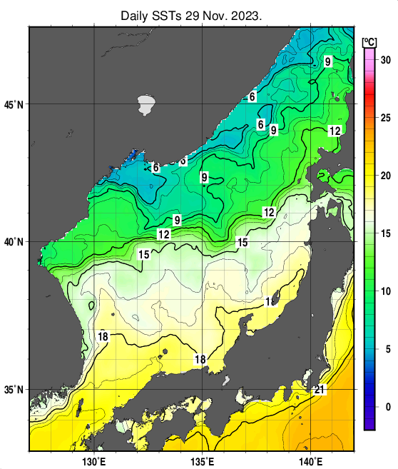 日本海の海面水温分布図（11月29日）