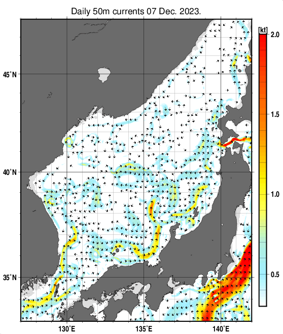 日本海の深さ50mの海流分布図（12月7日）