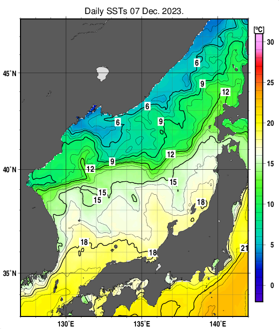 日本海の海面水温分布図（12月7日）