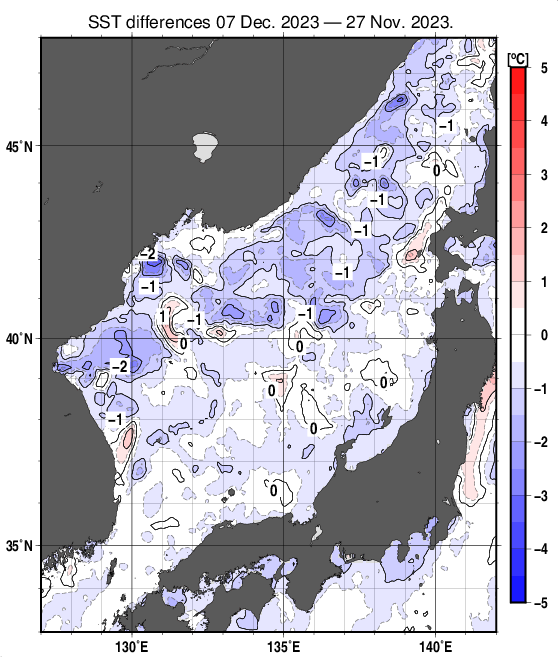 日本海の10日間の海面水温変化量分布図（12月7日）