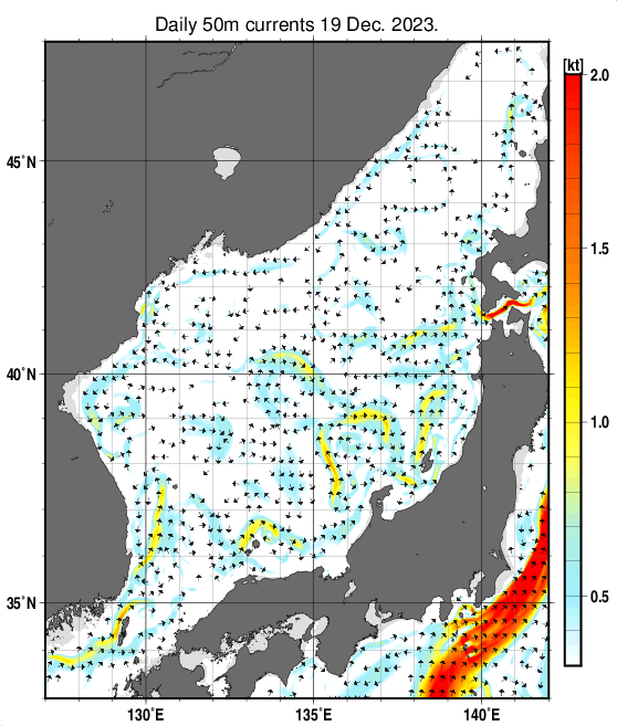 日本海の深さ50mの海流分布図（12月19日）