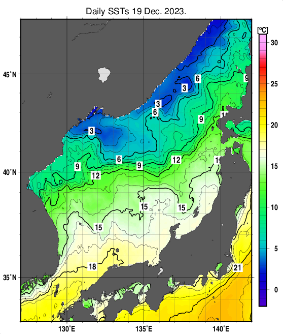 日本海の海面水温分布図（12月19日）