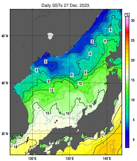 日本海の海面水温分布図（12月27日）