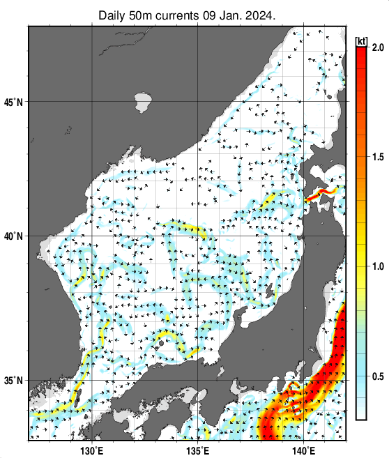 日本海の深さ50mの海流分布図（1月9日）