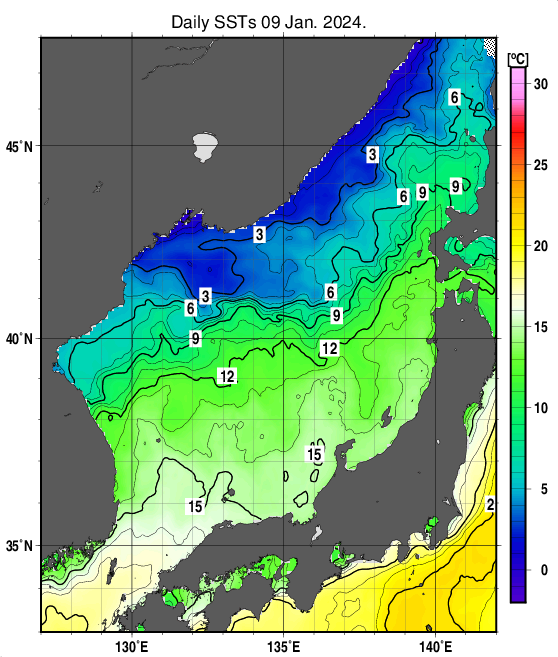 日本海の海面水温分布図（1月9日）