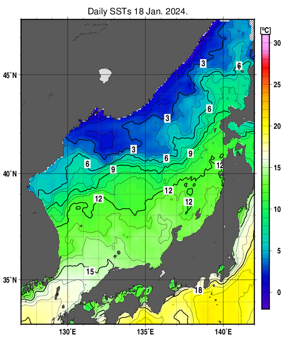 日本海の海面水温分布図（1月18日）