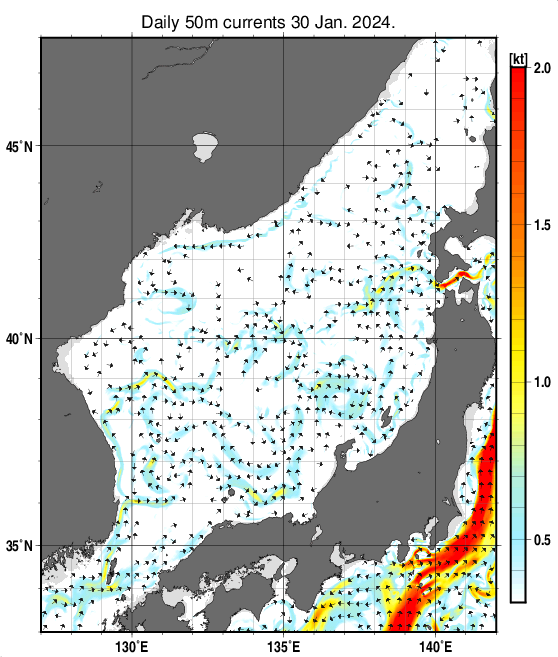 日本海の深さ50mの海流分布図（1月30日）