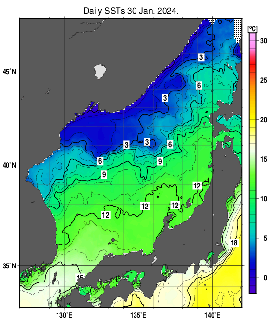 日本海の海面水温分布図（1月30日）