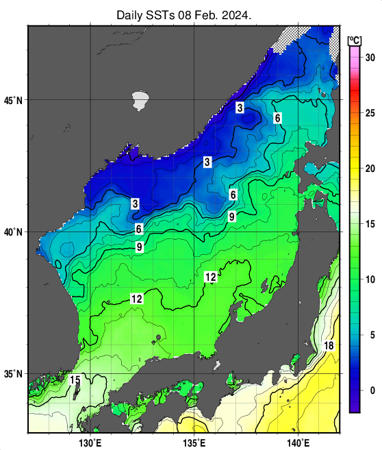 日本海の海面水温分布図（2月8日）