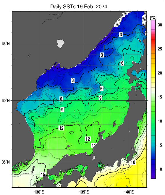 日本海の海面水温分布図（2月19日）