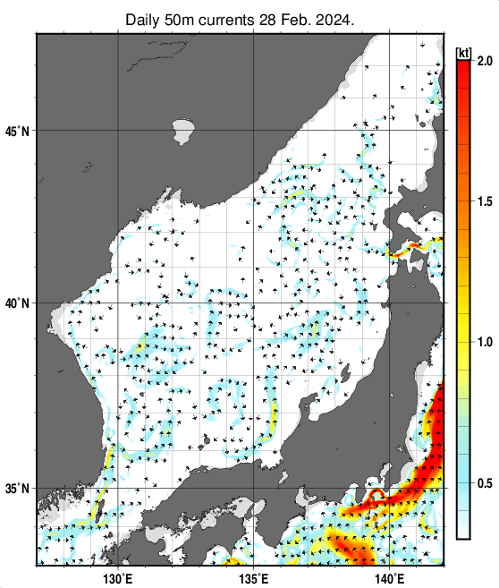 日本海の深さ50mの海流分布図（2月28日）