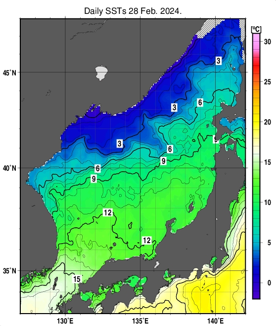 日本海の海面水温分布図（2月28日）