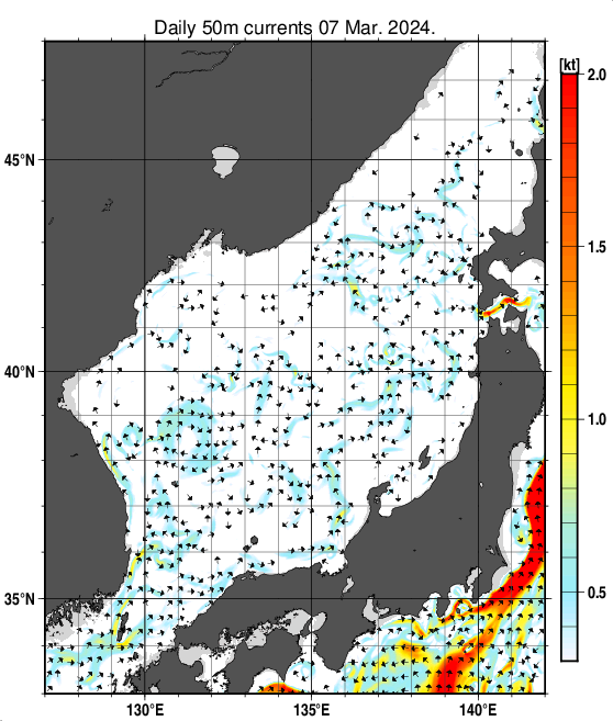 日本海の深さ50mの海流分布図（3月7日）