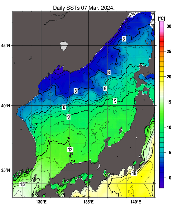 日本海の海面水温分布図（3月7日）