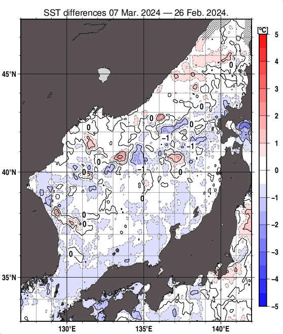 日本海の10日間の海面水温変化量分布図（3月7日）