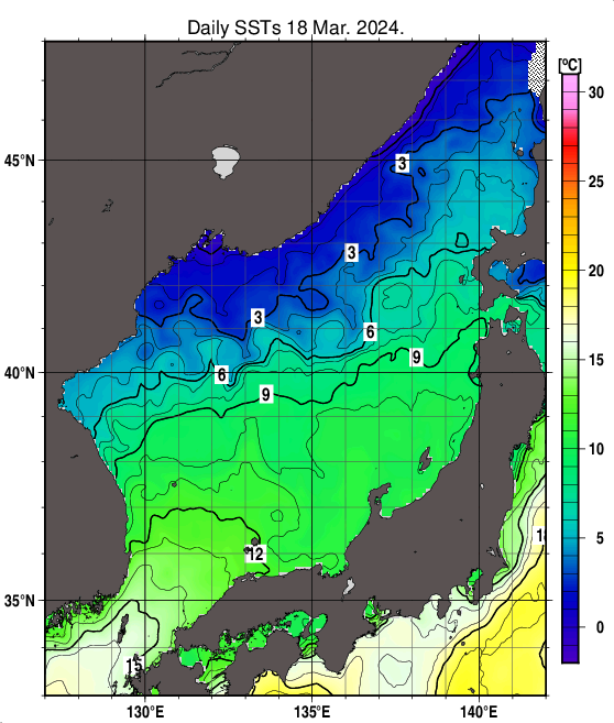 日本海の海面水温分布図（3月18日）