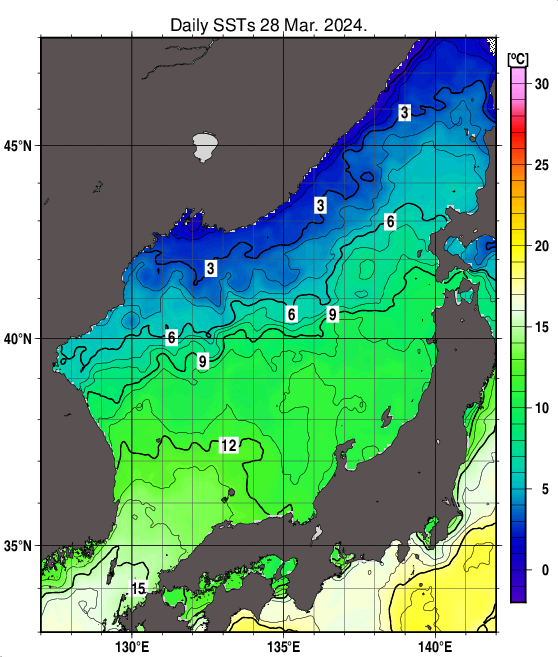 日本海の海面水温分布図（3月28日）