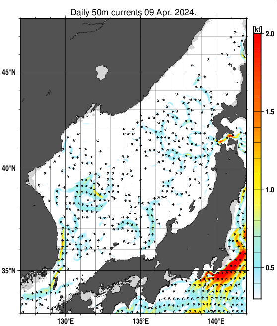 日本海の深さ50mの海流分布図（4月9日）