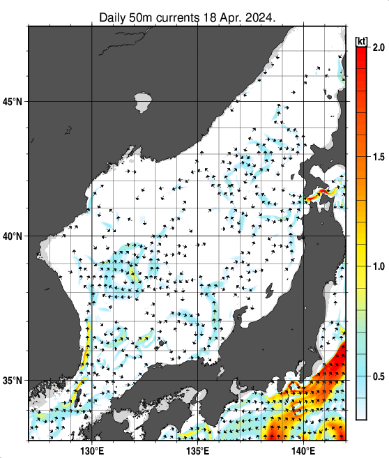 日本海の深さ50mの海流分布図（4月18日）