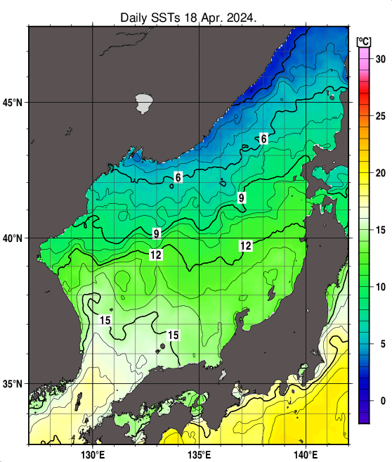 日本海の海面水温分布図（4月18日）