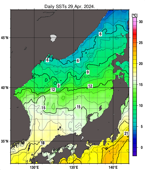 日本海の海面水温分布図（4月29日）