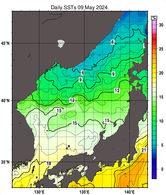 日本海の海面水温分布図（5月9日）