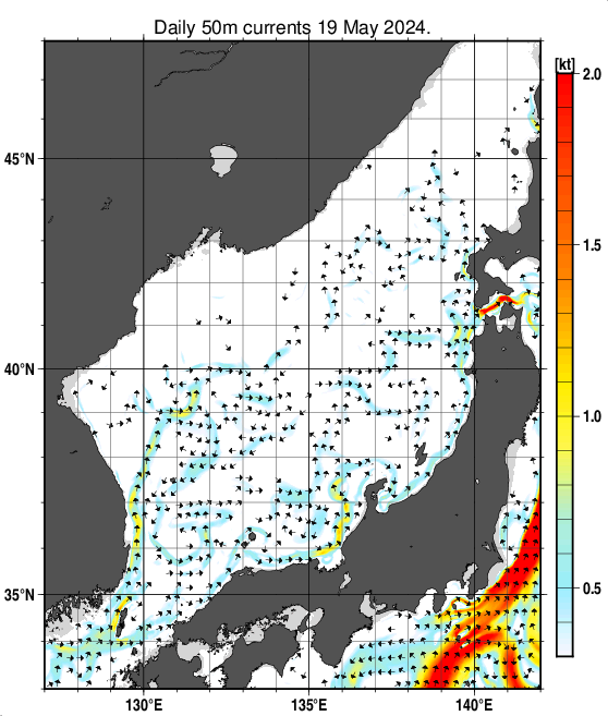 日本海の深さ50mの海流分布図（5月19日）