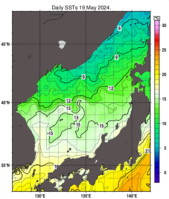 日本海の海面水温分布図（5月19日）