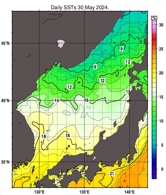 日本海の海面水温分布図（5月30日）