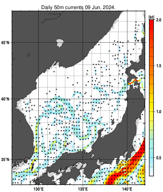 日本海の深さ50mの海流分布図（6月9日）