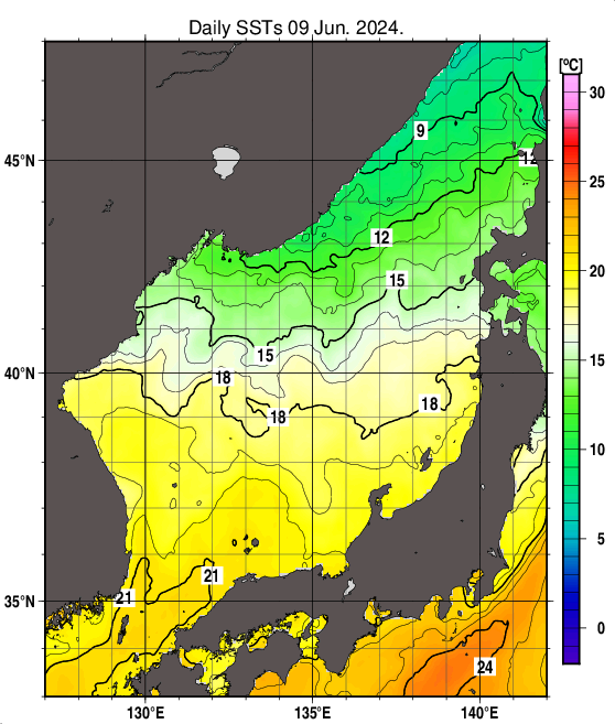 日本海の海面水温分布図（6月9日）