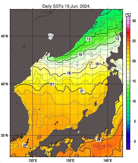 日本海の海面水温分布図（6月19日）