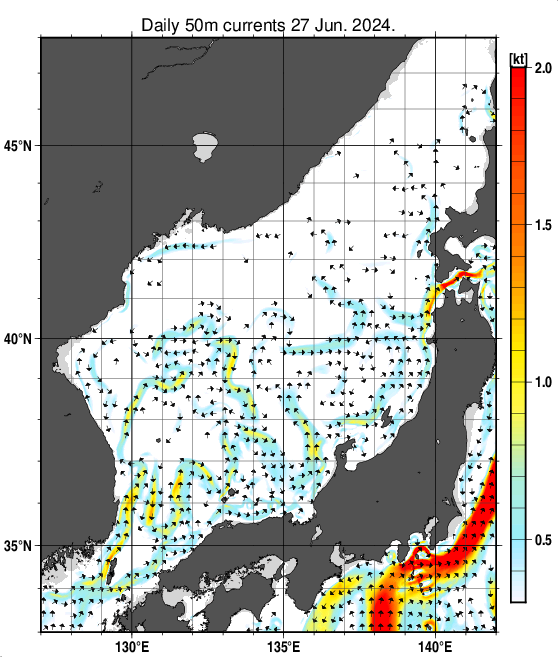 日本海の深さ50mの海流分布図（6月27日）