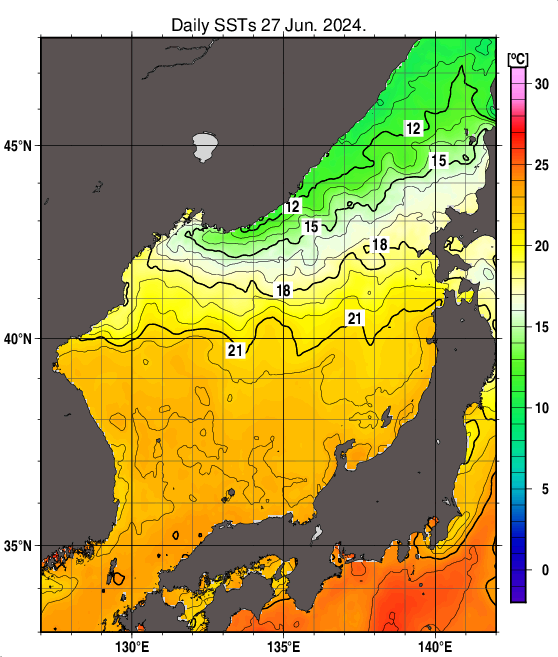 日本海の海面水温分布図（6月27日）