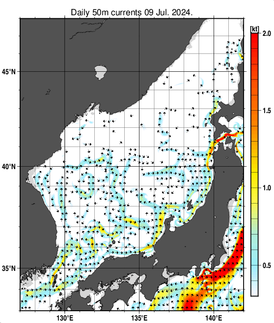 日本海の深さ50mの海流分布図（7月9日）