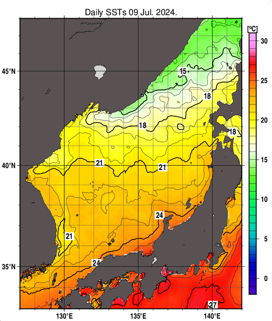 日本海の海面水温分布図（7月9日）