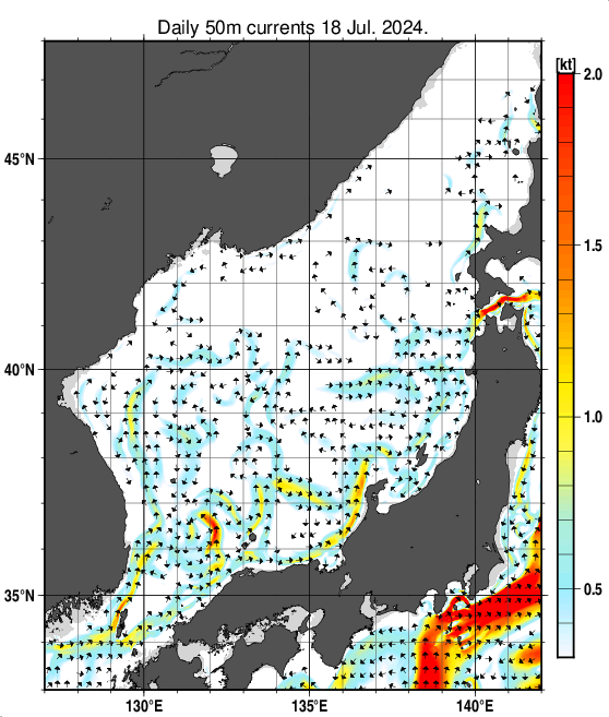 日本海の深さ50mの海流分布図（7月18日）