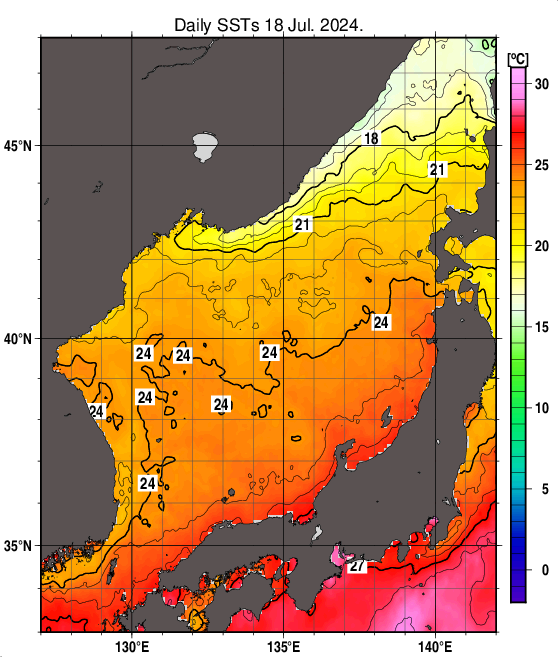 日本海の海面水温分布図（7月18日）