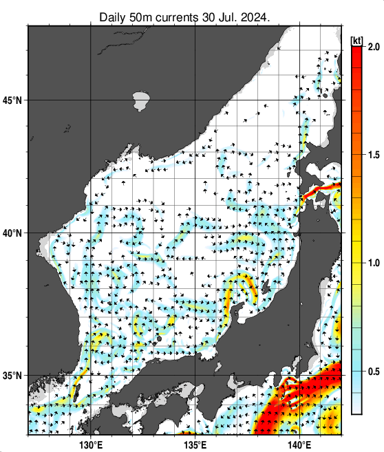 日本海の深さ50mの海流分布図（7月30日）