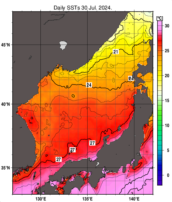 日本海の海面水温分布図（7月30日）