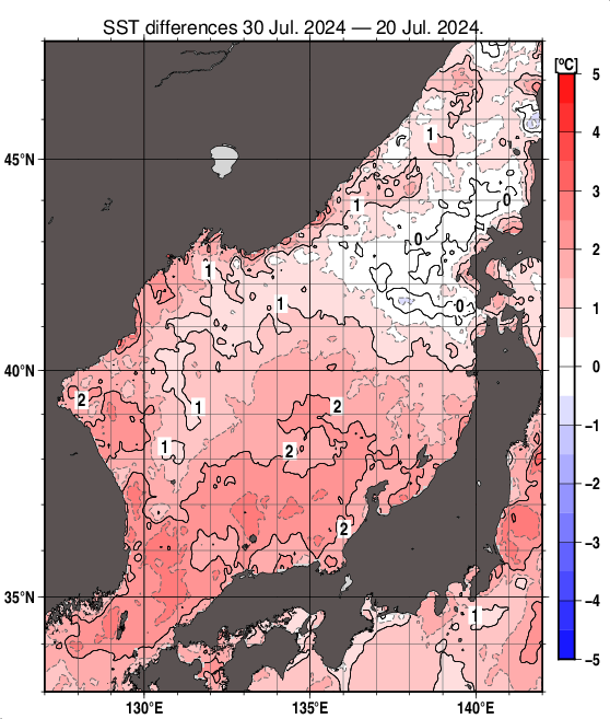 日本海の10日間の海面水温変化量分布図（7月30日）