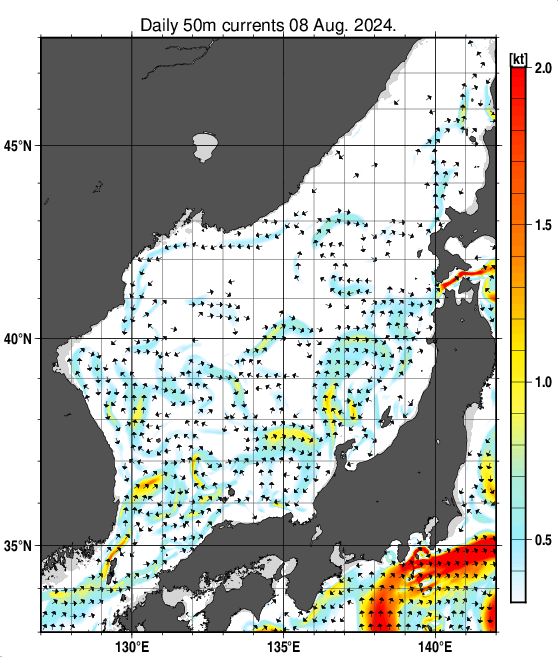 日本海の深さ50mの海流分布図（8月8日）