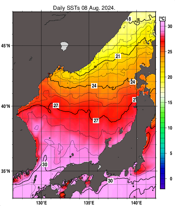 日本海の海面水温分布図（8月8日）