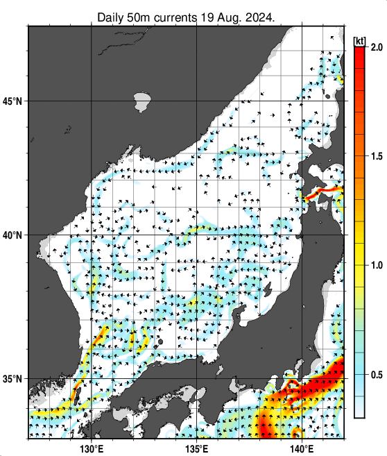 日本海の深さ50mの海流分布図（8月19日）