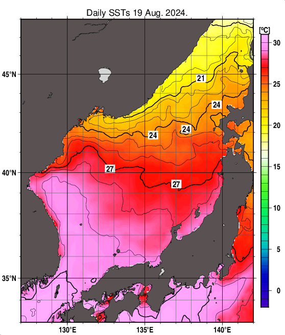 日本海の海面水温分布図（8月19日）